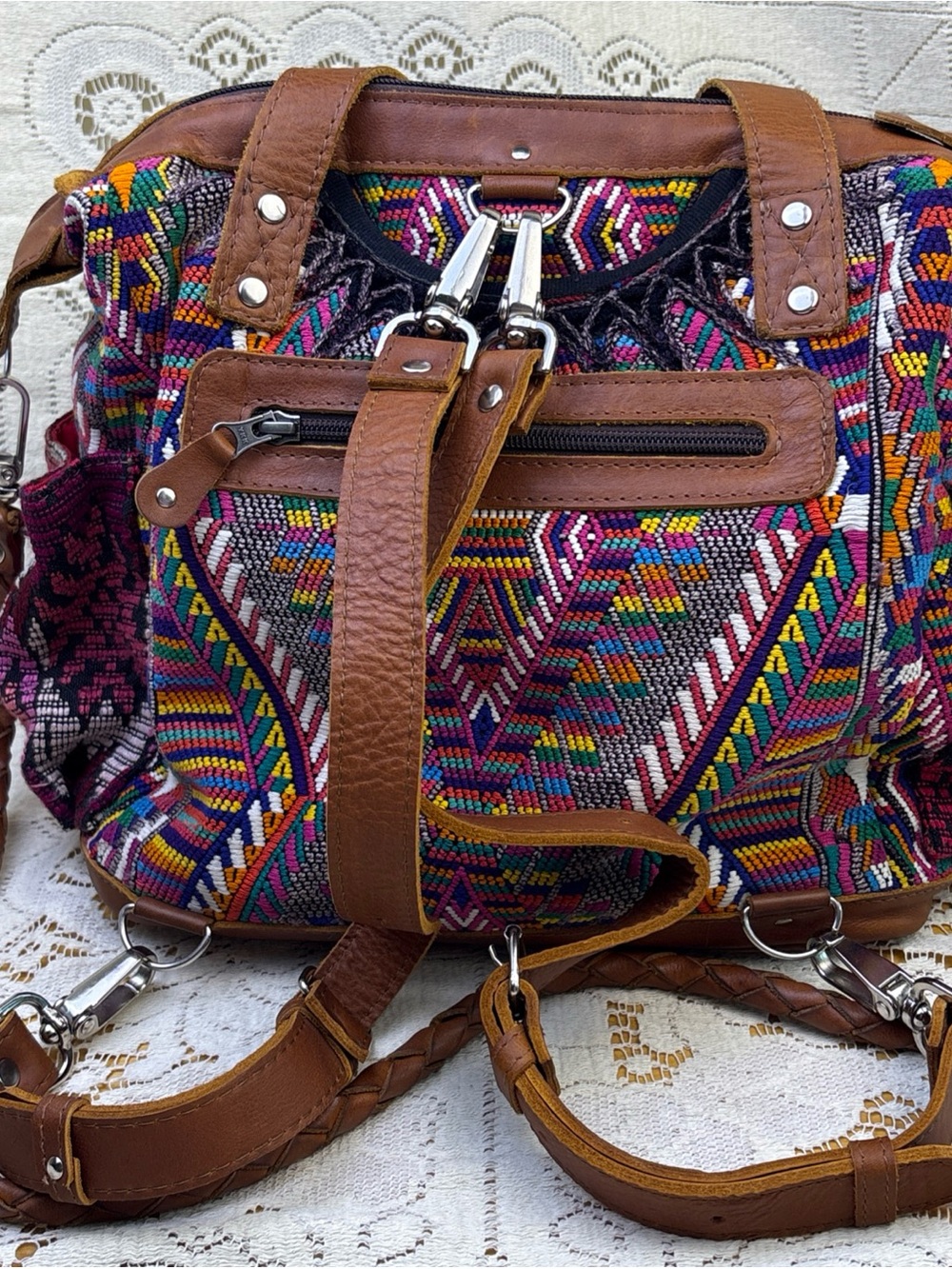 Nena & Co. Large Huipil Textile Convertible Backpack Crossbody Leather - Picture 3 of 14